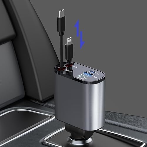 Ultimate 4-in-1 Retractable Car Charger – Fast 66 W USB C & Lightning Adapter for i Phone 15/14/13/12 Pro Max, Galaxy S24/S23, Pixel & Tablets – Compact, Durable Multi-Device Charging Solution for Road Trips and Daily Commutes