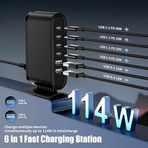 6-in-1 USB C Fast Charging Station Hub – Universal Desktop Charger for i Phone 16/15/14/13 Pro Max, i Pad Air, Mac Book & Samsung Galaxy S24+/S23 Ultra – High-Speed Multiport Power Adapter with Smart Charging Technology & Safety Features for Home & Travel
