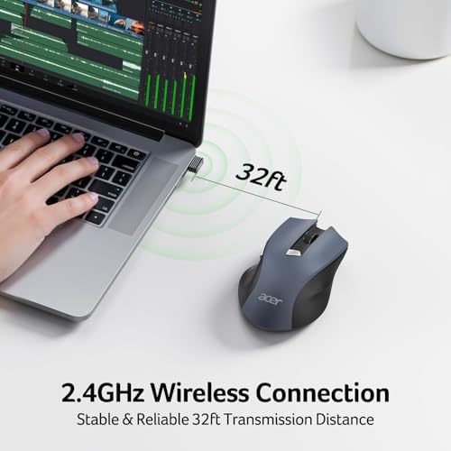 Acer Wireless Mouse for Laptop – Ergonomic 2.4 GHz Cordless USB Mouse with 3 Adjustable DPI Settings (800/1200/1600) for Enhanced Productivity | Perfect for Medium to Large Hands, Featuring 6 Functional Buttons for Office & Home Use, Durable Design for Long-Lasting Performance