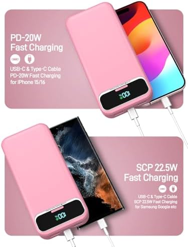 Ultimate 20,000 m Ah Portable Charger with Built-in Cables & AC Plug – Super Fast PD20 W & SCP22.5 W USB-C Power Bank for Quick Device Charging – LED Display & Universal Compatibility for i Phone, Samsung & More – Essential Travel Accessory for On-the-Go Power Solutions