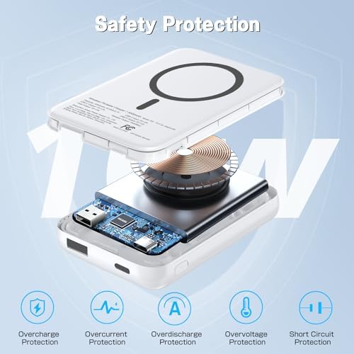 Mag Safe Wireless Power Bank – 5000 m Ah Slim Magnetic Charger for i Phone 16/15/14/13 Series & Samsung – Multi-Device Fast Charging with USB-C & A Ports – Lightweight Travel Essential with Safety Protection – Effortless Gaming & Photography Power Solution