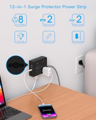 Versatile Surge Protector Power Strip with 8 AC Outlets & 4 USB Ports (2 USB-C), 6 Ft Flat Plug Extension Cord, 1080 Joules Safety Rating, Wall Mountable Charging Station for Home, Office, and Dorm – Streamlined Device Management & Fast Charging Enhanced