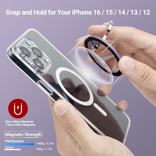 PROfezzion Ultra-Slim Magnetic Ring Holder for Mag Safe – Lightweight Zinc Alloy Phone Grip for i Phone 16/15/14/13/12 Pro Max Plus with Mag Safe Case – Effortless Attach and Detach, 360° Rotation & 130° Angle Flexibility – Ideal for On-the-Go Use and Mag Safe Car Mount Compatibility – No Residue, Strong 3.2 lb Grip