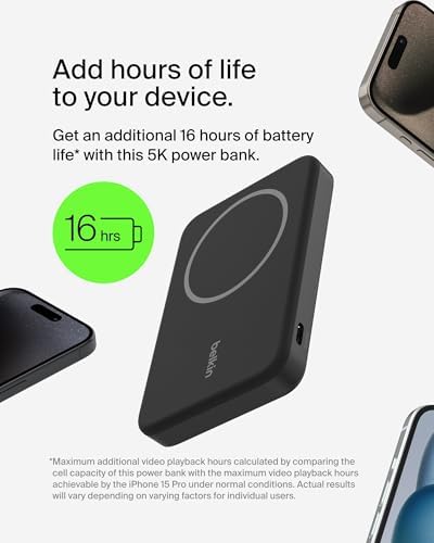 Belkin 5000 m Ah Wireless Power Bank with Qi2 Technology – Mag Safe-Compatible Portable Charger Featuring Built-in Kickstand for i Phone 16, 15, 14, 13, Plus, Pro, Pro Max – Sleek White Design for Seamless Charging on the Go – Optimal Speed & Versatile Compatibility