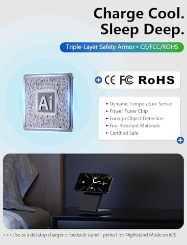 Mag Safe Charger Stand for i Phone 12-16 Series – Fast Magnetic Wireless Charging with Flip & Charge Flexibility – Black – Effortless Compatibility, Enhanced Safety Features, and Durable 1.5 m Braided Cable for Optimal Performance