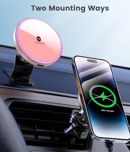 MOKPR 15 W Mag Safe Car Charger & Magnetic Phone Holder – Effortless Fast Wireless Charging with Dynamic LED RGB Lighting for i Phone 15/14/13/12 Series – Stylish Dash & Air Vent Mount for Enhanced Driving Experience and Convenient Accessibility
