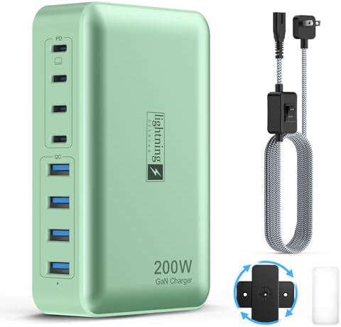 Transform Your Charging Routine with the 200 W 8-Port Fast Charging Hub – Multi-Device USB Station Featuring 65 W Laptop Adapter, Space-Saving Flat Plug, Durable Braided Cable, and User-Friendly On/Off Power Control for Optimal Performance and Safety