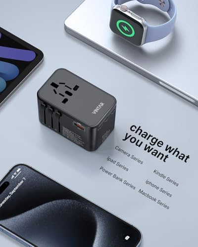 VINTAR Universal Travel Adapter 75 W Ga N Technology: Ultimate All-in-One Power Converter with 3 USB-C PD and 2 USB-A Quick Charge Ports for Global Use – Compact Power Solution for Laptops & Smartphones in 200+ Countries – Reliable Performance with Safety Features for Hassle-Free Charging