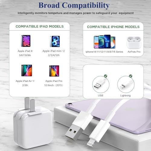 Ultimate 2-Pack i Pad Charger Set: 10 FT Lightning Cable & 12 W Foldable USB Wall Adapter for Quick & Reliable Charging – Compatible with i Pad 4/5/6/7/8/9, Mini & Air Models – Travel-Friendly Design for Uninterrupted Use