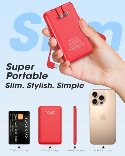 Ultra-Compact TG90° Portable Charger: 5000 m Ah Power Bank with Integrated AC Wall Plug and Triple Output for i Phone and Android Devices – Fast Charging Made Effortless and Convenient