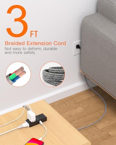 BESHON 10 ft Flat Plug Extension Cord with 4 Wide Outlets & 3 USB Ports (2 USB-C) – Versatile Power Strip for Home, Office & Dorm – Space-Saving Design with Surge Protection & Fast Charging Capabilities
