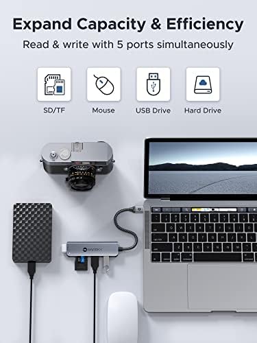 WARRKY 5-in-1 USB C Hub: High-Speed SD/Micro SD Card Reader & USB 3.0 Adapter for i Phone 15 Pro, Samsung Galaxy, Mac Book Pro/Air, i Pad – 2 TB OTG Compatible – Ultimate Connectivity Solution for Photographers & Professionals – Sleek Gray Design for Enhanced Workflow Efficiency
