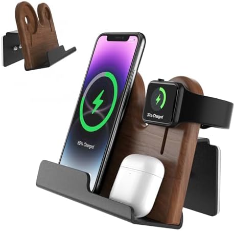 3 in 1 Wall Mount Compatible with magsafe Charger Stand，Wood Phone Holder for iPhone 15/15 Pro/14/13/12 Series, Compatible with Apple Watch, AirPods, Magsafe Accessories[MagSafe Charger Not Included] – Enhanced Compatibility and Speed