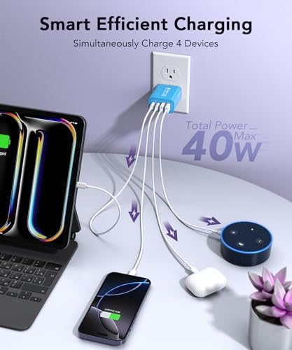 40 W USB C Multi-Device Fast Charger – 4-Port Power Adapter for i Phone & Samsung – Sleek Black Compact Travel Charger with Dual PD & QC Technology for Efficient Home and On-the-Go Charging Solutions – Perfect for Busy Professionals and Families