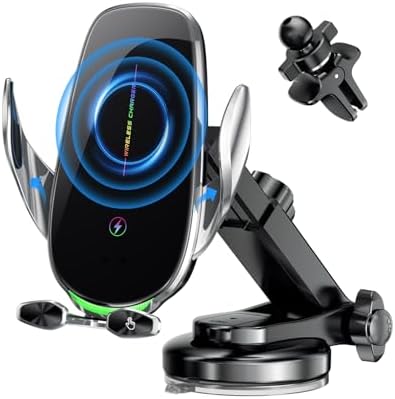 15 W Fast Wireless Car Charger with Auto-Clamping Technology – Ultimate Qi-Compatible Charging Mount for i Phone 15, 14, 13, 12, 11 Pro Max, Samsung Galaxy S23, S22, S21, S20, S10+, S9+, Note 9 – Secure and Convenient Power Delivery for All Road Trips