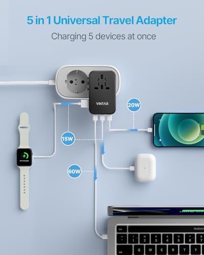 VINTAR Universal Travel Adapter 75 W Ga N Technology: Ultimate All-in-One Power Converter with 3 USB-C PD and 2 USB-A Quick Charge Ports for Global Use – Compact Power Solution for Laptops & Smartphones in 200+ Countries – Reliable Performance with Safety Features for Hassle-Free Charging