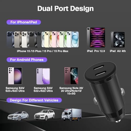 Dual-Port 45 W USB C Car Charger Adapter for Apple Devices – MFi Certified Fast Charger with 3 ft Lightning Cable (Pack of 2) – Rapid Charging for i Phone 14/13/12/11 Pro Max, i Pad, and Air Pods – Durable & Portable Power Solution for On-the-Go Lifestyle
