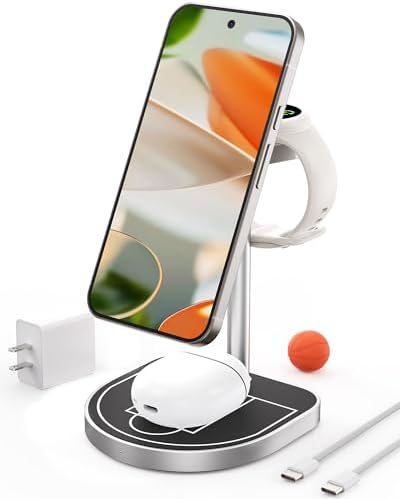 Basketball-Inspired 3-in-1 Magnetic Charging Station for Google Pixel 9/9 Pro XL, Pixel 8/8 Pro, Pixel Watch 2/3 & Pixel Buds Pro/2 – 15 W Fast Wireless Charger with 30 W Adapter, Enhanced Stability & Creative Design for Home and Office Use – Durable Aluminum Alloy Build with Precision Magnetic Alignment