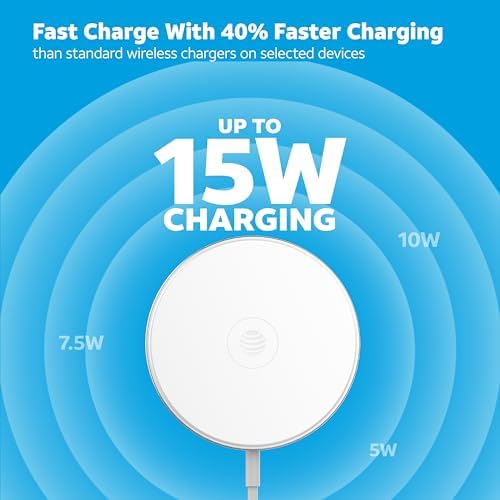 AT&T 15 W Magnetic Qi Wireless Charging Pad with Built-in Ring Stand – Fast USB-C Power Delivery for i Phone, Samsung Galaxy & Google Pixel – Sleek, Case-Friendly Design for Effortless Charging and Hands-Free Use