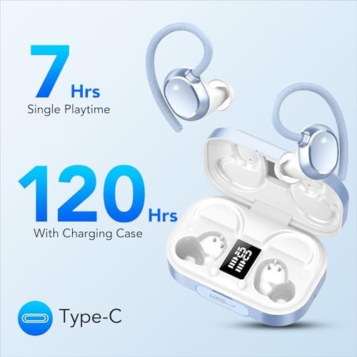 Unleash Your Sound with KT1 Bluetooth Earbuds: 120 Hours of Playtime, IPX7 Waterproof, Deep Bass 2.0 for Ultimate Sports Performance, Secure Earhooks for Active Lifestyles, Smart Digital Display for Battery Monitoring, Enhanced Device Compatibility – Perfect for Running, Gym Workouts, and Everyday Use