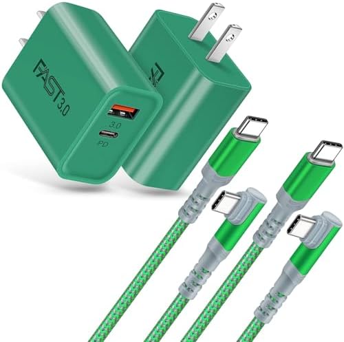 Dual Port Fast Charging Wall Adapter with 10 FT Right-Angle USB C Cable – 20 W USB-C Power Block for i Phone 16/15, Samsung Galaxy S25 Ultra, S24, S23, S10 – Efficient Charging Convenience for Home, Office, and Travel