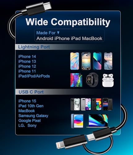 Elevate Your Charging Game: 2 Pack 6.6 FT 2-in-1 USB C to Lightning & USB C Charger Cable for Fast, Versatile Power Delivery – Perfectly Compatible with i Phone 15, 14, 13, 12, 11 Pro Max Mini, i Pad, i Pod, Samsung & Google Devices – Durable, Long-Lasting Design in Sleek Black Finish