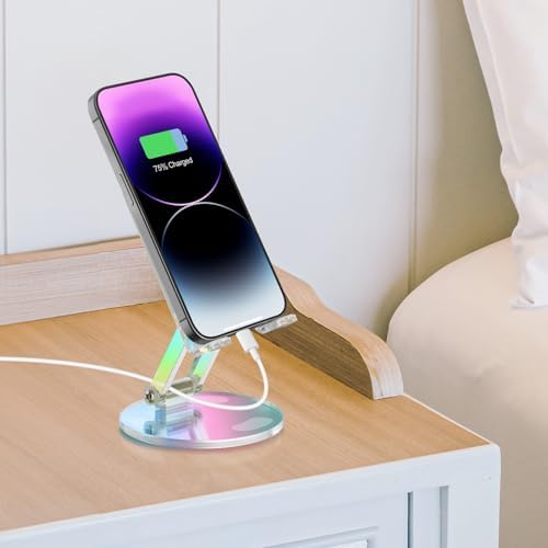 Tomorotec Adjustable Angle Acrylic Cell Phone Stand for Desk, Foldable Acrylic Phone Holder Cute for Office, Portable Non-Slip Desktop Smartphone Holder, Fit for iPhone Samsung Galaxy (Iridescent) – Enhanced Compatibility and Speed