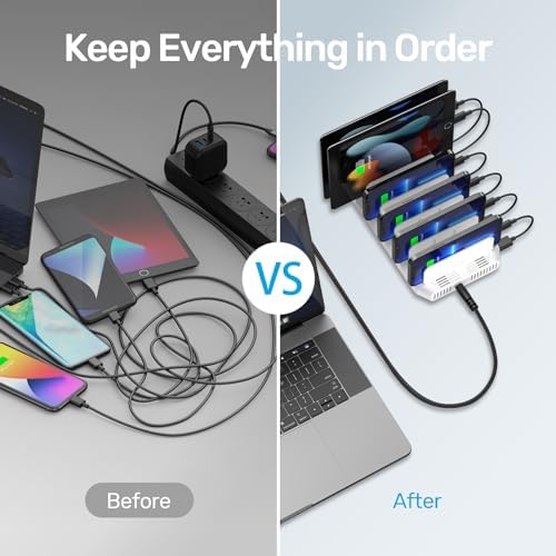 Unitek 10-Port USB Charging Station: Smart IC Technology for Fast, Organized Device Charging with Adjustable Dividers – Ideal for i Pads, Tablets, Kindles & i Phones in Home or Office Settings