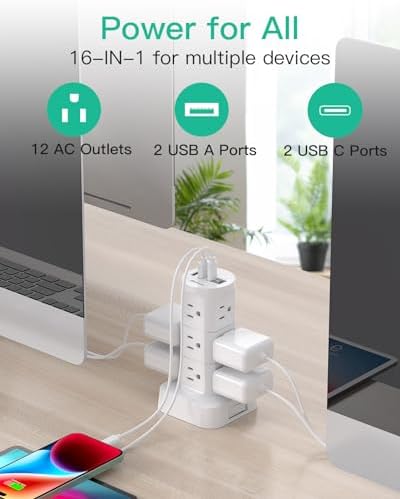 High-Performance Surge Protector Power Strip Tower with 12 AC Outlets and 4 USB Fast Charging Ports – 10 FT Extension Cord for Ultimate Flexibility, Ideal for Home, Office, and Dorm Room Essentials – Space-Saving Design with Advanced Surge Protection