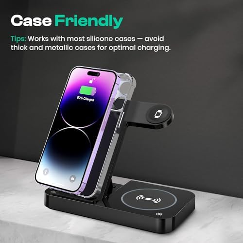 Ultimate 4-in-1 Wireless Charging Station for i Phone, Apple Watch, and Air Pods – Fast Qi-Certified Dock with Foldable Design, Extra USB Port, and Sleek Black Finish for Enhanced Device Organization and Efficiency