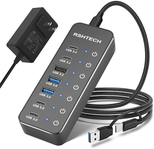 Elevate Your Connectivity Game: RSHTECH 7-Port Powered USB 3.2 Hub with Touch Control – Ultra-Fast 10 Gbps Data Transfer for USB-C & USB-A Devices, 3.3 ft Cable & 5 V Adapter – Ideal for Laptop and PC Enthusiasts