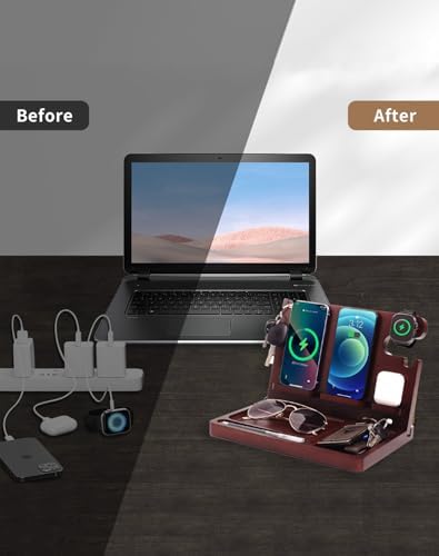Sleek Wooden Nightstand Organizer with 4-in-1 Wireless Charging Station for i Phone & Android, Fast 27 W Charger for Apple Watch and Air Pods, Stylish Wallet & Key Holder – Perfect Gift for Men and Tech Lovers