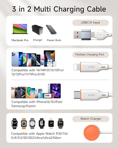 for Apple Watch Charger,3-in-2 Silicone Multi Charging Cable Travel Fast Charger Cord with USB C/Lightning Ports -Tangle-Free for iWatch Ultra/SE/10-1, iPhone 16-12/PS5/Nintendo Switch-4FT – Enhanced Compatibility and Speed