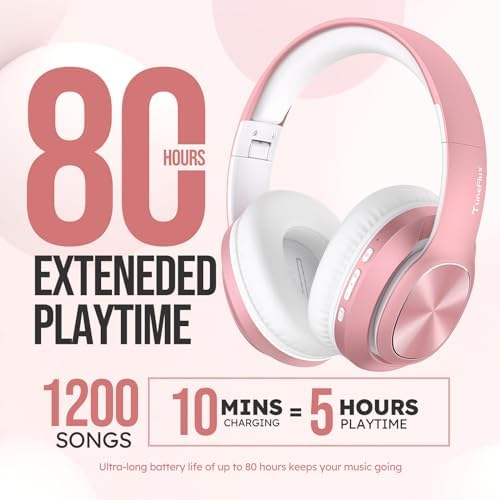 Elevate Your Listening Experience with Tune Flux Rose Gold Over-Ear Wireless Bluetooth Headphones – 80-Hour Battery Life, Deep Bass Hi-Fi Sound, and Custom Dual EQ Modes for Personal Audio – Stylish Foldable Design Perfect for On-the-Go Use with Smartphones and PCs