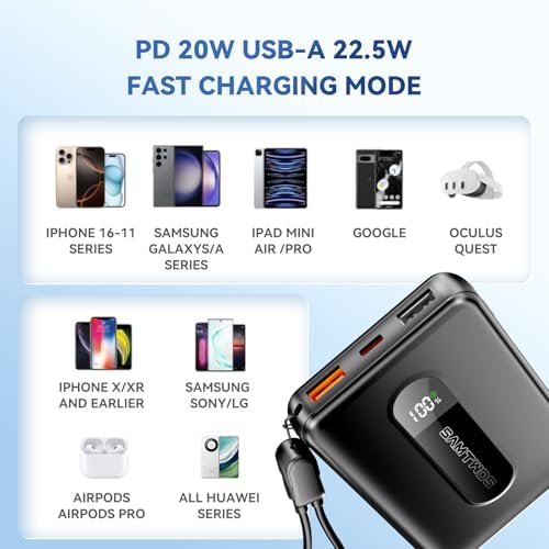 Ultimate 10,000 m Ah Portable Charger with Built-in USB-C Cable – Fast Charging Power Bank for Heated Vests, Jackets, and Outdoor Gear – Essential Battery Pack for i Phone, i Pad, and Android – Compact and Durable Design with Lanyard for On-the-Go Convenience