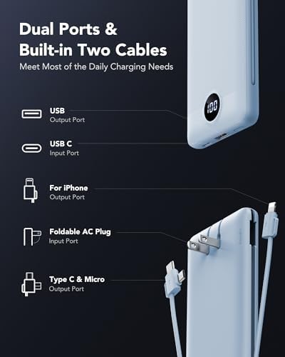 Sleek VRURC 10,000 m Ah Portable Charger with Built-in Wall Plug – Rapid 22.5 W USB Power Bank for Ultimate Travel Convenience – Slim Profile, 4 Outputs & Dual Inputs for Multi-Device Charging – Essential USB-C Compatible Travel Accessory in White