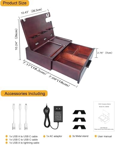 Multi-Device USB Charging Station with 4 Ports – Fast PD & QC3.0 Power Delivery, Stylish Wooden Organizer for Desk & Nightstand – Ideal Birthday Gift for Men, Dads, Husbands, and Moms – Elegant Solution for Cable Management and Rapid Charging