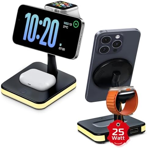 Spracht Flex Charge 4: Advanced 4-in-1 Wireless Charging Station with 25 W Fast Charging, Magnetic Dock for Smartphones, Smartwatches & Earbuds | Qi-Compatible Multi-Device Charger with Built-in Nightlight for Enhanced Convenience and Style