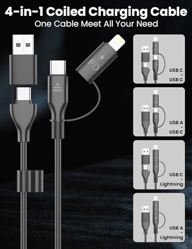 Dual-Function Coiled USB-C & Lightning Charging Cable 3 FT – 60 W Fast Charge for i Phone 15/16 & Samsung Galaxy – Perfect for Apple Car Play & Android Auto Integration (Sleek Black) – Enhanced Durability & Space-Saving Design