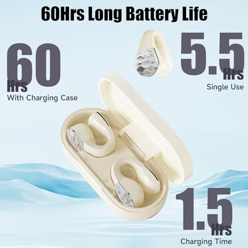 Elevate Your Fitness Journey with aigo Wireless Open Ear Earbuds – Ultra-Lightweight Bluetooth Clip-On Headphones for Active Lifestyles, Enhanced Situational Awareness, Built-In Mic for Hands-Free Calls, and Convenient Wireless Charging in Chic Off White Design – Perfect for Runners, Gym Enthusiasts, and Outdoor Workouts