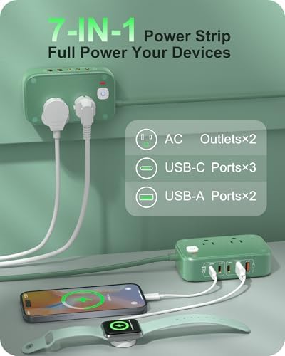 Ultimate 7-in-1 Power Strip with 65 W Ga N Technology | Flat Plug Design for Space-Saving | 3 USB-C & 2 USB-A Ports for Rapid Charging | 2500 W AC Outlet for Home, Office, College & Travel | Versatile Surge Protector for All Devices