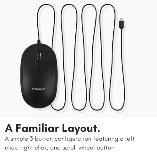 Ergonomic Macally Wired USB C Mouse – Precision Optical Sensor with Adjustable DPI (800/1200/1600/2400) for Seamless Mac & Windows Experience – Compact, Ambidextrous Design for Left and Right-Handed Users – Effortless Navigation with 3 Buttons & Scroll Wheel – Perfect Travel Companion for Enhanced Productivity