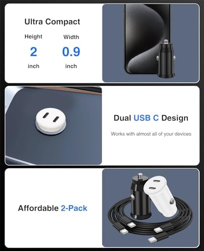 Ultimate 40 W Dual USB-C Car Charger for i Phone 16/15 & i Pad Pro – MFi Certified Fast Charging Adapter with 6 FT USB-C Cable for Galaxy S24/S23 – Premium Power Solution for On-the-Go Connectivity in Sleek White Finish