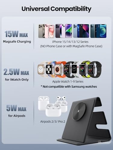 Ultimate 3-in-1 Wireless Charging Station for Apple Devices – Foldable Mag Safe Charger Stand for i Phone 16 Pro Max/15/14, Compatible with Apple Watch & Air Pods – Travel-Friendly Fast Charging Solution with Enhanced Compatibility and Modern Design