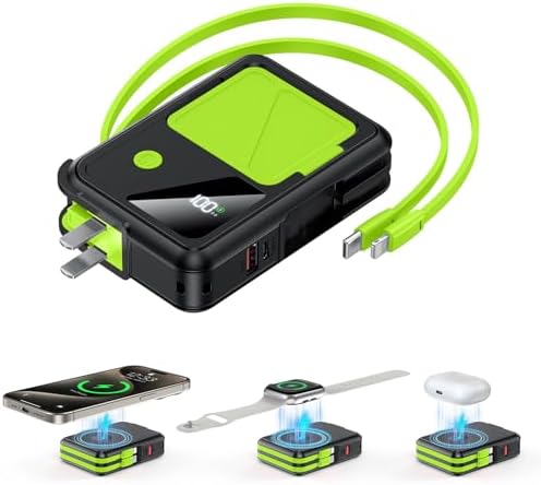 Revolutionary 3-in-1 Magnetic Wireless Power Bank – 10,000 m Ah Capacity with Built-in Cables and AC Plug – 22.5 W Fast Charging for i Phone 15/14/13/12, Apple Watch, and Air Pods – Ultimate Travel Companion for Seamless Device Charging