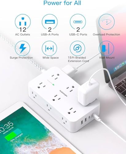 HANYCONY 12-Outlet Power Strip Surge Protector with 4 USB Ports (2 USB-C) – 6 ft Flat Extension Cord with 1800 J Surge Protection, Wall-Mountable Charging Station for Home, Office, and Dorm Room – Ultimate Device Connectivity and Fast Charging Solutions