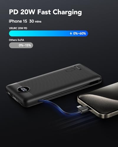Sleek VRURC 10,000 m Ah Portable Charger with Built-in Wall Plug – Rapid 22.5 W USB Power Bank for Ultimate Travel Convenience – Slim Profile, 4 Outputs & Dual Inputs for Multi-Device Charging – Essential USB-C Compatible Travel Accessory in White