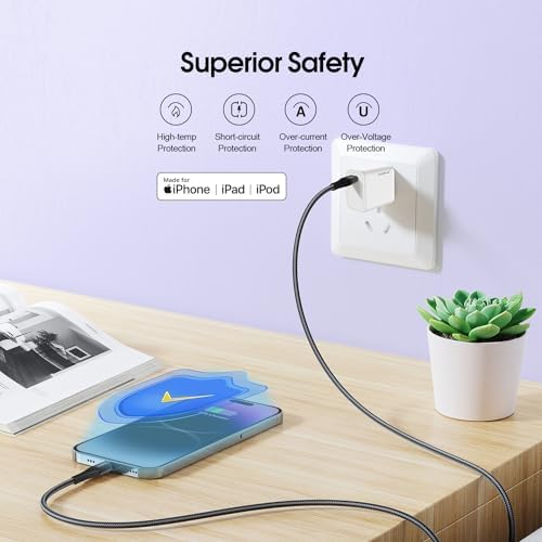 Experience Unmatched Charging Efficiency with the 4 Ft USB C to Lightning Cable – Apple MFi Certified – 2-Pack Fast Charging Braided Cables for i Phone 14, 13, 12, 11, XS, XR, 8 – Durable Woven Design in Sleek Black – Perfect for Home, Travel, and Car Play – Enhanced Durability and Rapid Power Delivery