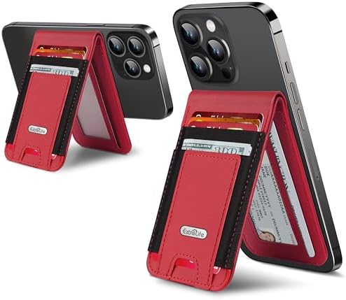Magsafe Wallet Stand for iPhone 16/15/14/13/12 Series, Adjustable Stand with ID Window, 4 Card Slots, 10 Card Holder, Vegan Leather RFID Blocking Wallet, Red – Enhanced Compatibility and Speed
