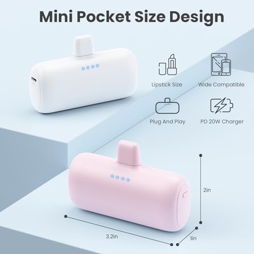 Ultra-Compact 2-Pack i Phone Power Bank – 5200 m Ah PD Fast Charging Mini Portable Charger for Travel – Cordless, Lightweight Battery Pack Compatible with i Phone 14/14 Pro/13/12/11/X/8/7/6 Plus – Essential Charging Solution for On-the-Go Lifestyles
